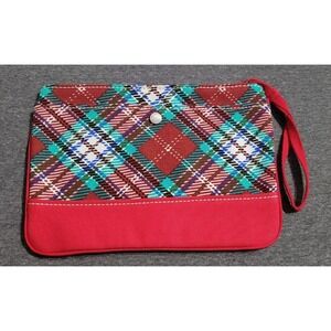 New LANDS' END Plaid Cotton Canvas Large Zip Pouch Purse Wristlet Red Blue Multi
